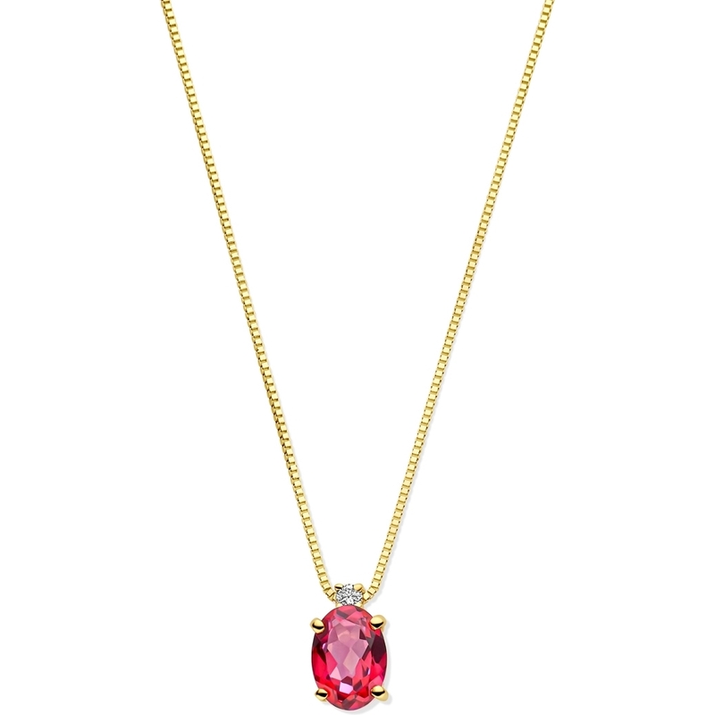 885145 14k gouden ketting met roze topaas en 0,02 ct diamant