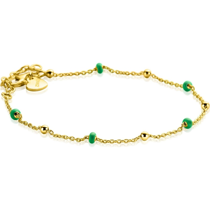 ZINZI gold plated zilveren fantasie armband met 5 groene donuts en glanzende bolletjes 17-195cm ZIA2509