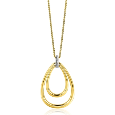 ZIC2489Y Goudkleurige ketting met ovale hanger en zirkonia