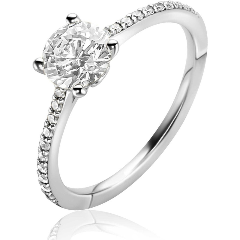 ZINZI zilveren verlovingsring met een grote ronde witte zirkonia 65mm in vierpootszetting en klein hartje aan de zijkant ZIR2