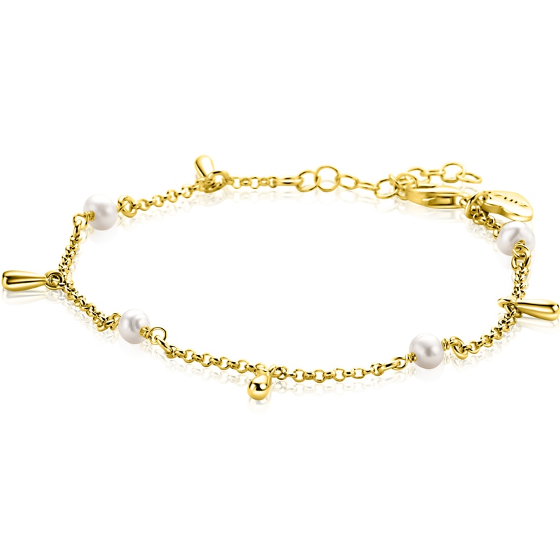 ZINZI gold plated zilveren armband met witte zoetwaterparels en druppeltjes ZIA2753