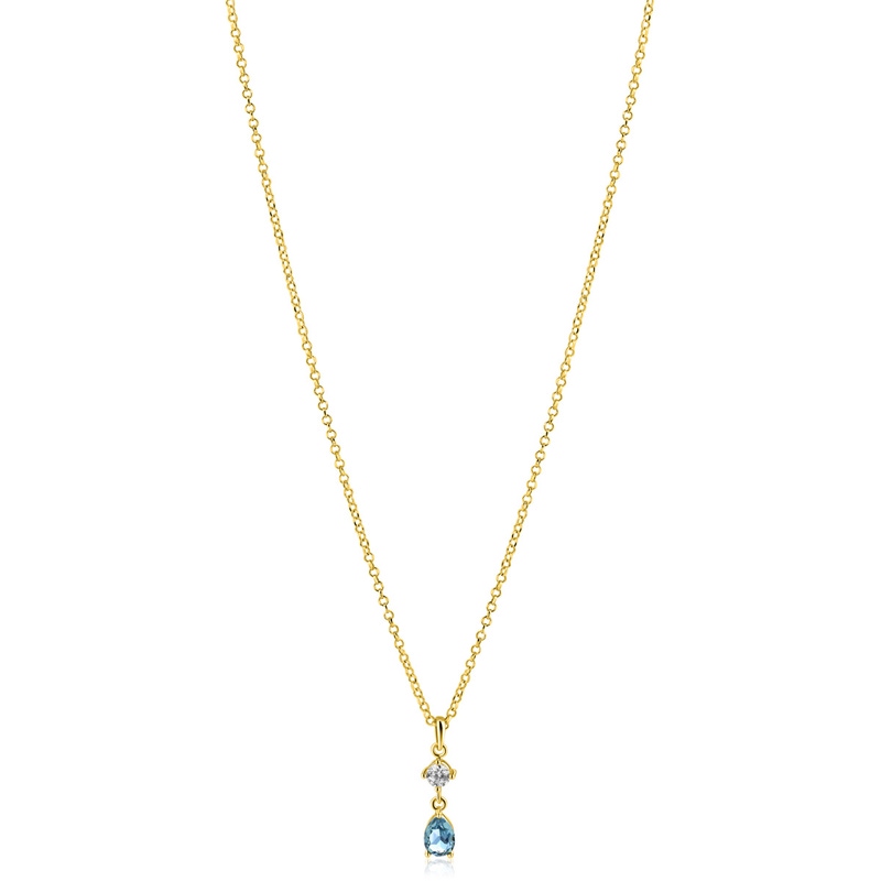 ZINZI gold plated zilveren ketting 42-45cm met luxe peervormige hanger met lichtblauwe kleursteen en witte zirkonia ZIC2744