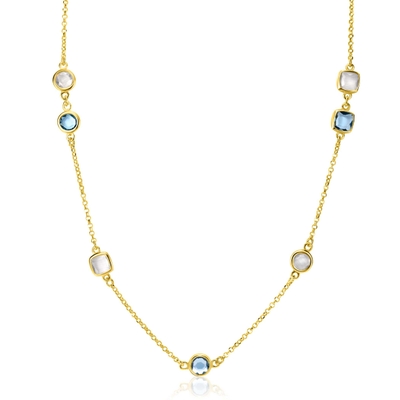 ZIC2526G Goudkleurige collier met blauw en grijze stenen