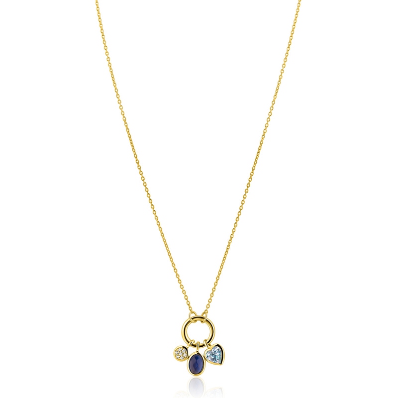 ZINZI gold plated zilveren ketting met ronde sluitring en drie luxe bedels 42-45cm ZIC2737