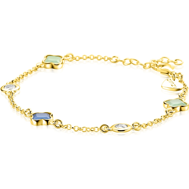 ZINZI gold plated zilveren schakel armband met twee mintgroene klavers en een blauwe klaver 17-20cm ZIA2763