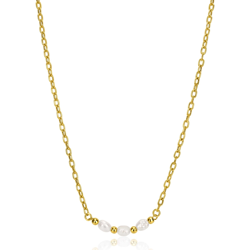 ZINZI gold plated zilveren schakelketting met drie witte natuurlijk gevormde zoetwaterparels in het midden 42-45cm ZIC2643